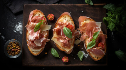 Italian appetizer bruschetta with Parma ham on a plate. Generative Ai