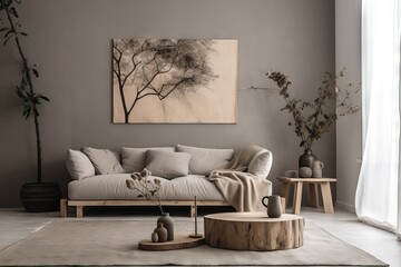  a living room filled with furniture and a painting on the wall above the couch and coffee table in front of the couch is a tree.  generative ai
