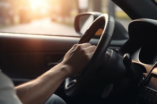  a man driving a car with the sun shining through the windshield and the dash light on the left hand side of the steering wheel,.  generative ai