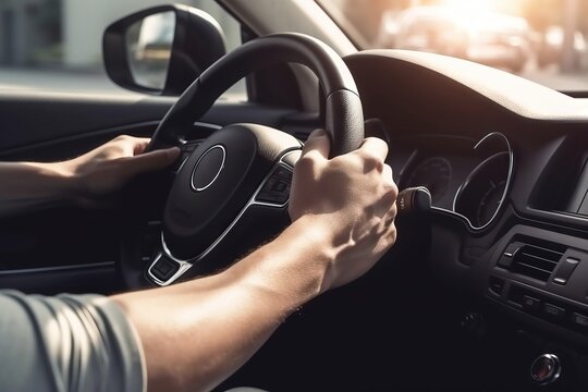  a person driving a car with a steering wheel and a dash board on the dashboard of the car, with the sun shining through the windshield.  generative ai