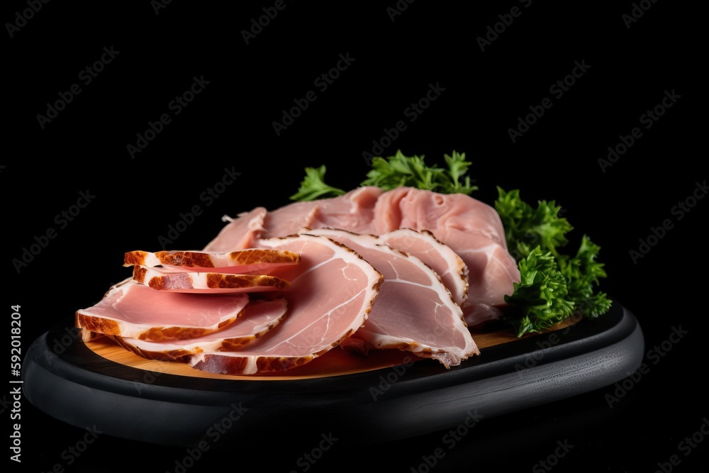 Poster a platter of sliced ham and parsley on a black plate with a black background, with a black border ar