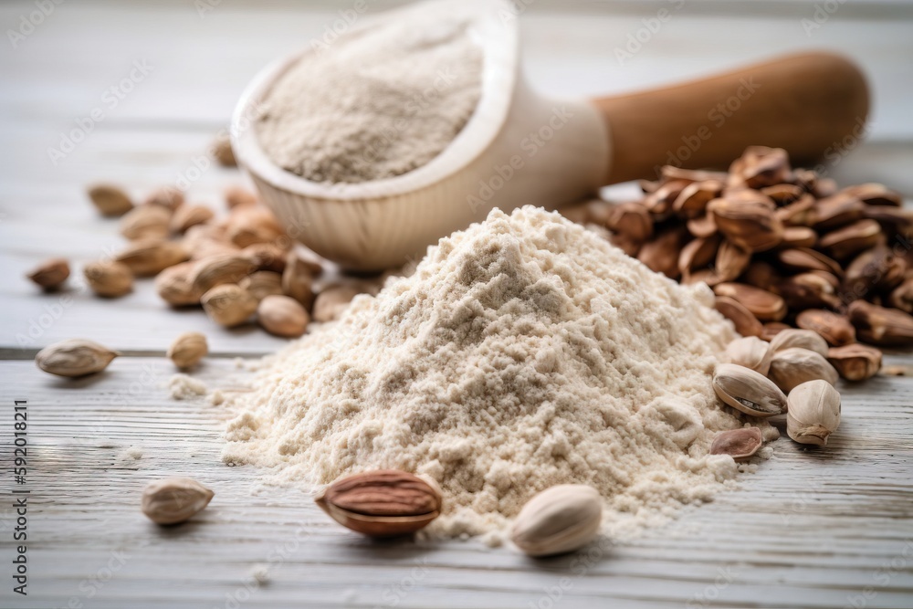 Aufkleber a wooden table topped with lots of different types of nuts and a scoop of flour next to a bowl of nu