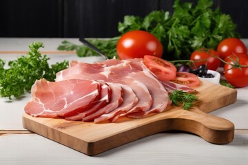  a wooden cutting board topped with sliced meat next to tomatoes and parsley on a white tablecloth with tomatoes and parsley on the side.  generative ai