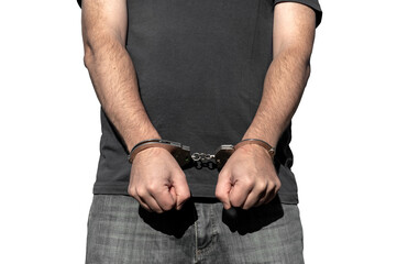 Criminal in handcuffs on a white background. Law. Arrest