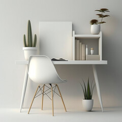 Stylish apartment interior with modern asthetics and a chair, cactus plant and other flower pots, poster frame and a book shelf. Idea for home design, architecture design plan and idea generative ai
