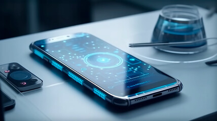 Futuristic cell phone, controlled by artificial intelligence, generated with AI generative technology.