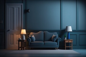 cozy living room with a comfortable couch and warm lighting from a lamp. Generative AI