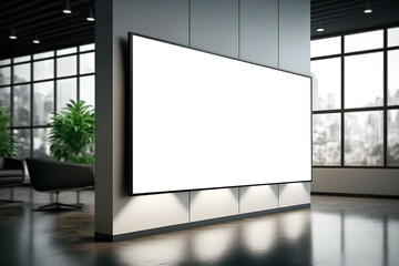 Realistic 3d side view of presentation screen in modern office environment, Modern interior with wide LED screen mockup, generative ai	
