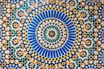 textures of ancient moroccan ceramic mosaic with geometric and floral pattern