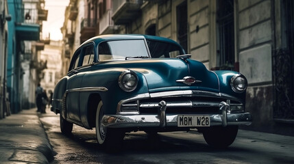 Fototapeta na wymiar Vintage classic american car in Havana, Cuba. Blue car in a street, travel concept, Generative Ai