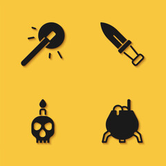 Set Magic wand, Witch cauldron, Burning candle skull and Dagger icon with long shadow. Vector