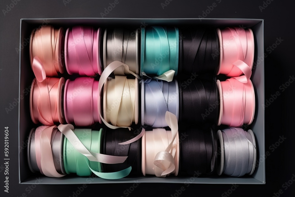 Poster a box filled with lots of different colors of ribbon and a ribbon of different sizes and colors of r