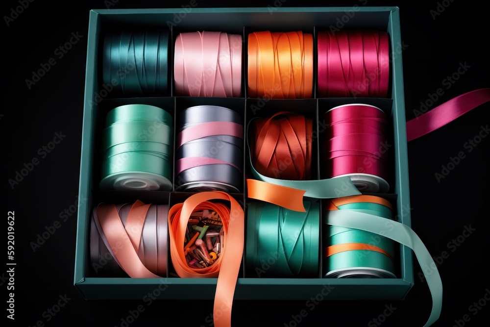 Poster a box filled with lots of different colored ribbons and ribbons on a black background with a ribbon 