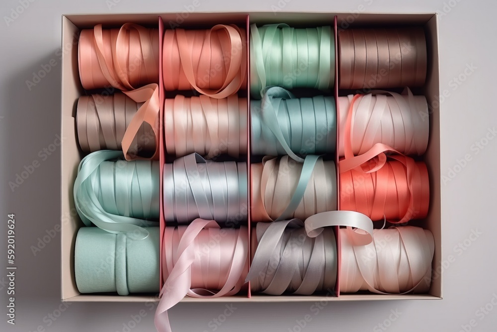 Poster a box filled with lots of different colors of ribbon and a pink ribbon on top of each of the two sid