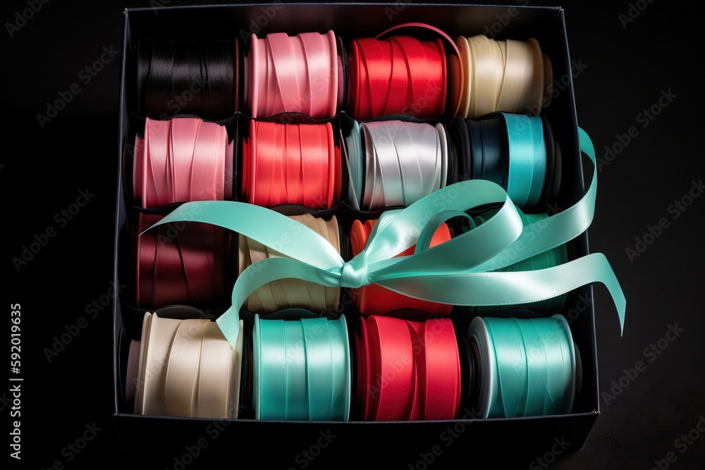 Poster a box filled with lots of different colored ribbons and a bow on top of each of the ribbons is tied 