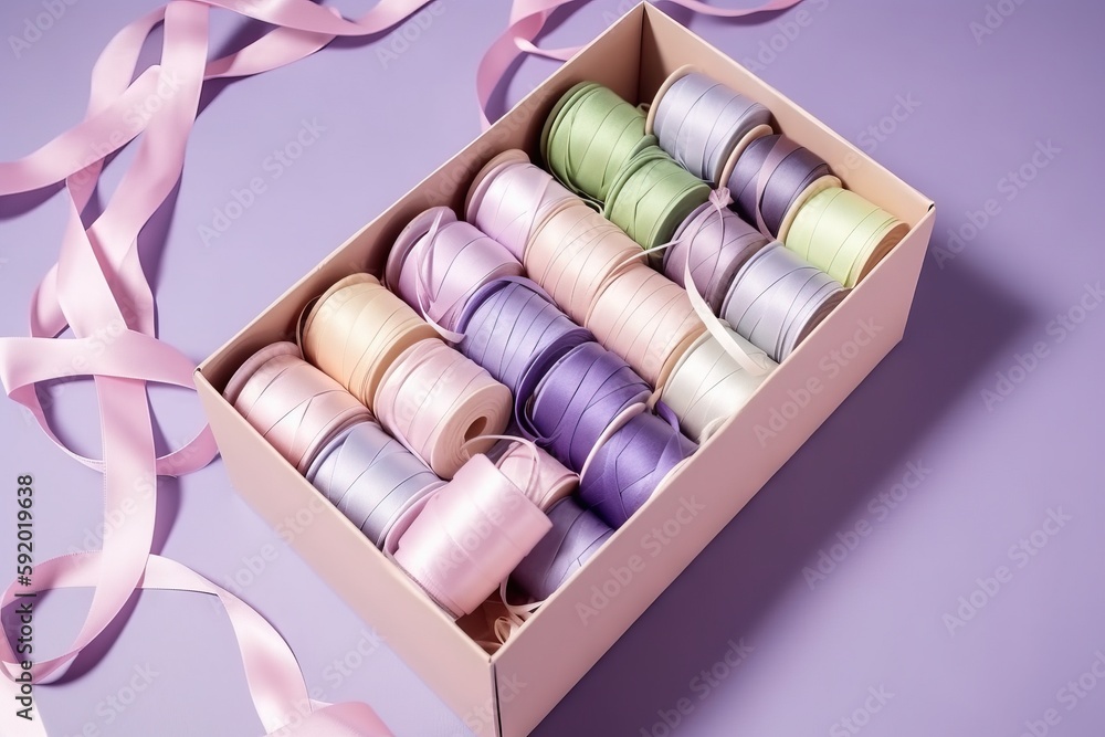 Poster a box filled with lots of different colored spools of thread next to a pink ribbon on a purple backg
