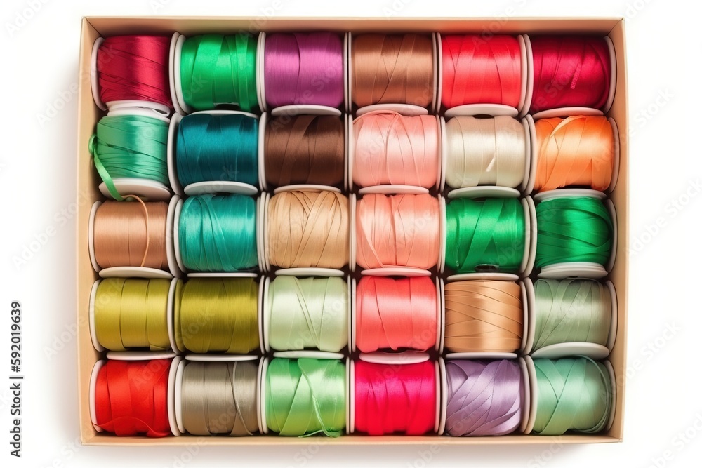 Poster a box filled with lots of different colored spools of thread and spools of thread on top of each spo