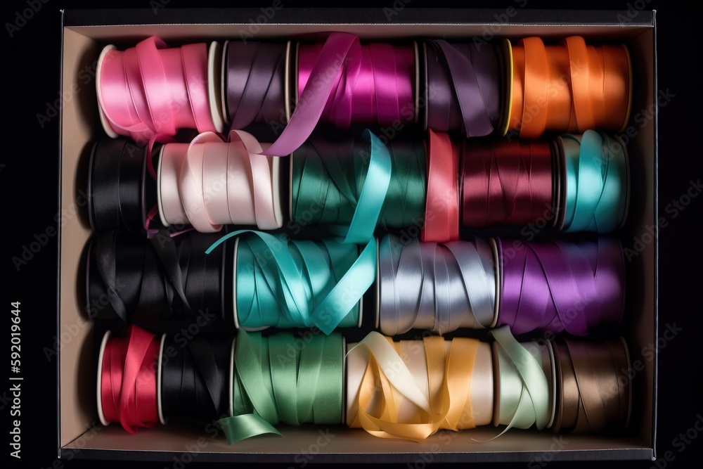 Poster a box filled with lots of different colors of ribbon on top of each other on a black background with