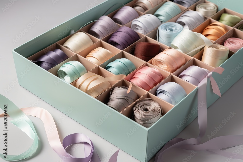 Poster a box filled with lots of different colored spools of thread next to a ribbon of different colors an
