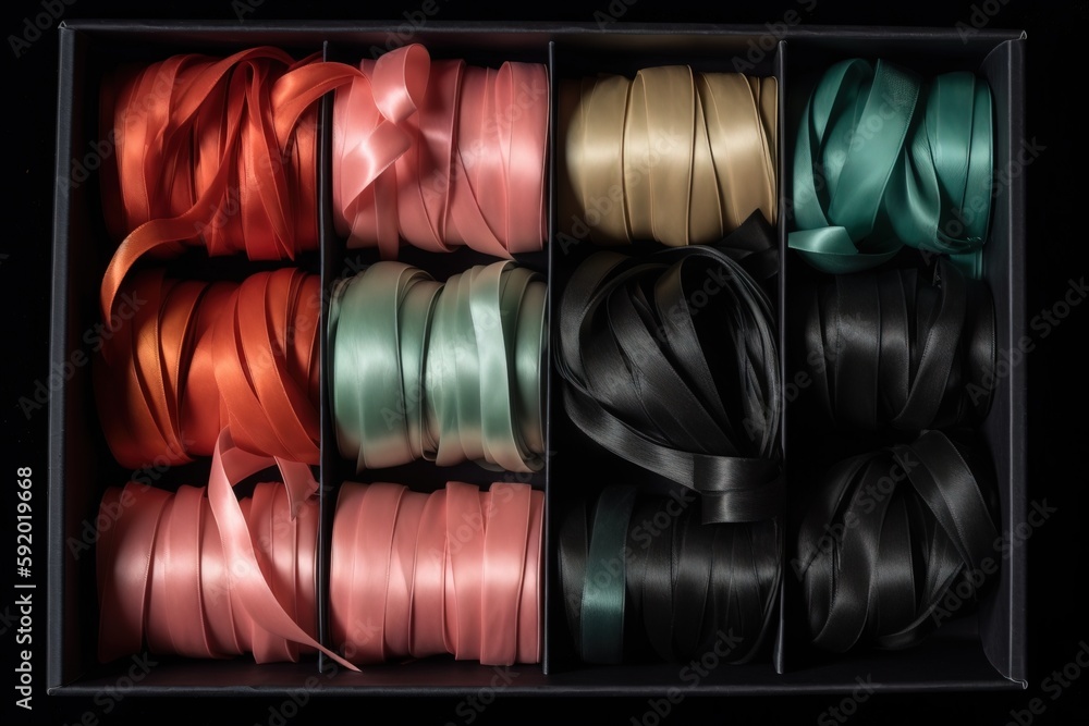 Poster a box filled with lots of different colors of leather ribbon and a black box filled with different c