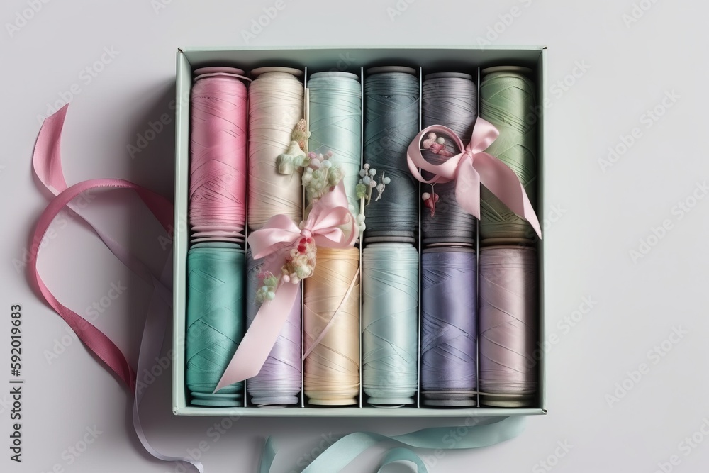 Poster a box filled with different colored spools of thread and a pink ribbon on top of each of the spools 