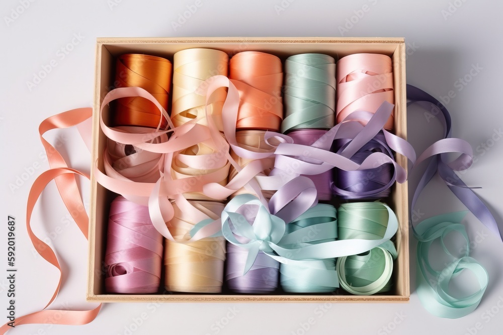 Poster a box filled with lots of different colored ribbons and ribbons on top of each other with a ribbon i