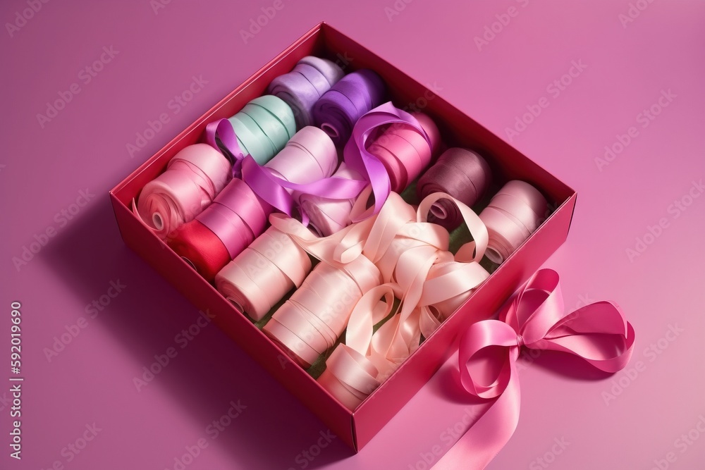 Poster a box of spools of thread with a pink ribbon on a pink background with a pink bow on the side of the
