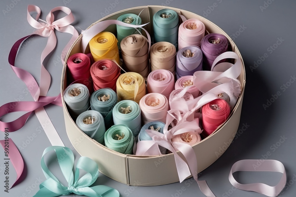 Poster a box filled with lots of different colored thread and a ribbon on the side of the box and a bow on 