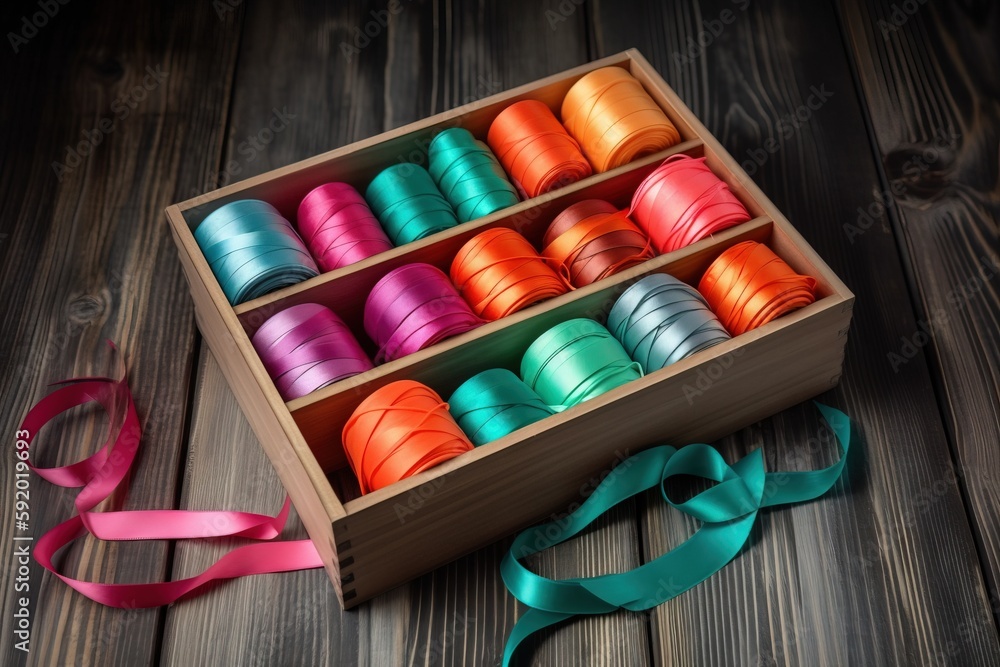 Poster  a box of colorful spools of thread with a pink ribbon on a wooden table with a pink ribbon on the side of the box.  generative ai