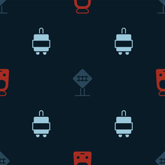 Set Train and railway, Railroad crossing and Suitcase on seamless pattern. Vector