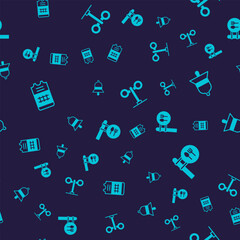 Set Train ticket, station bell, traffic light and Cafe and restaurant location on seamless pattern. Vector