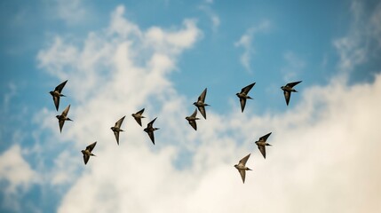 A group of swallows darting through a blue summer sky Generative AI