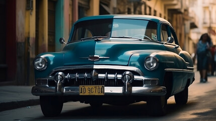 Fototapeta na wymiar Vintage classic american car in Havana, Cuba. Blue car in a street, travel concept, Generative Ai
