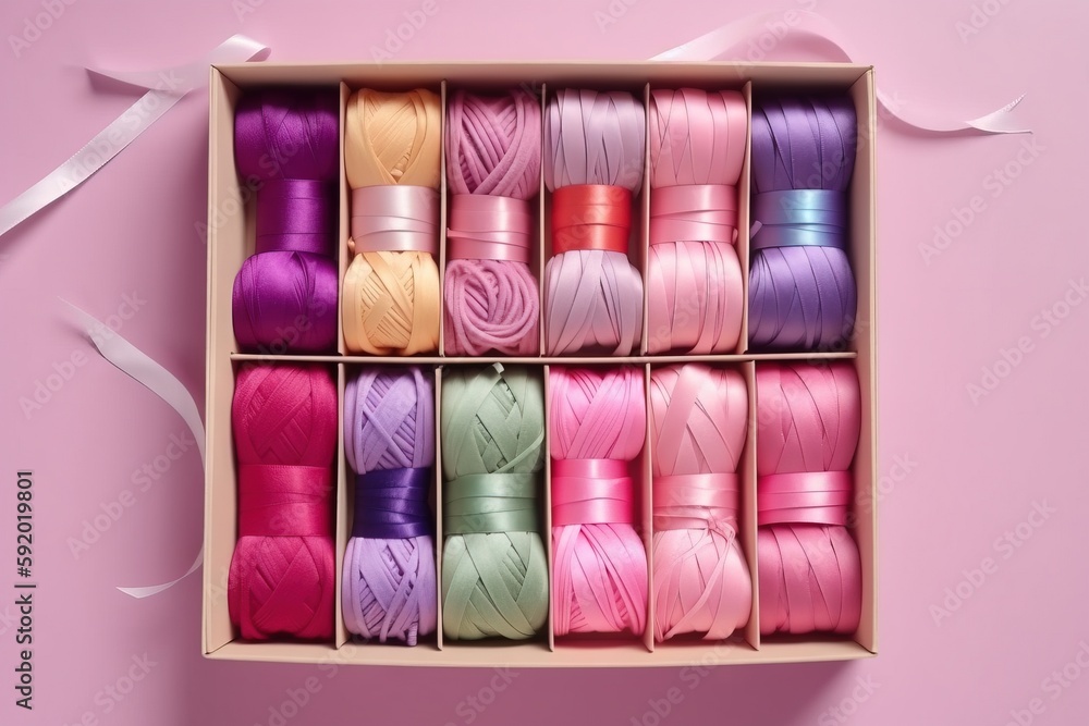 Poster a box filled with lots of different colored threads and spools of thread on a pink background with a
