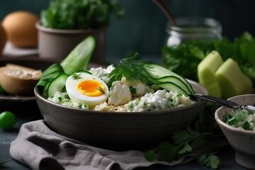  a bowl of food with eggs, cucumbers, and parsley on a table next to other vegetables and eggs on a plate.  generative ai