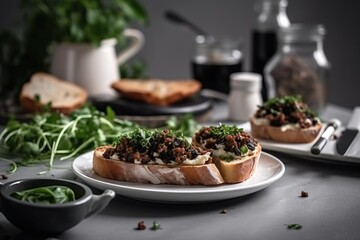  a plate of food on a table next to a cup of coffee and a plate of bread with meat and greens on top of it.  generative ai