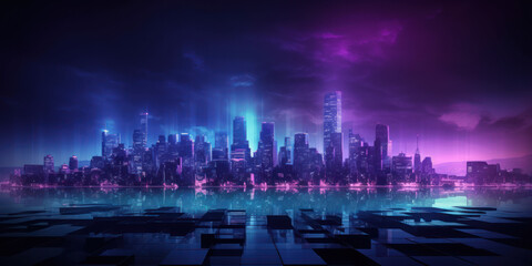 Modern City Skyline in Blue and Purple Hues