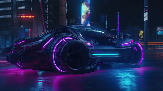 Futuristic  vehicle with neon colors and cyberpunk vibes created with generative AI technology