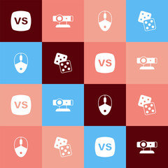 Set pop art VS Versus battle, Web camera, Computer mouse and Game dice icon. Vector