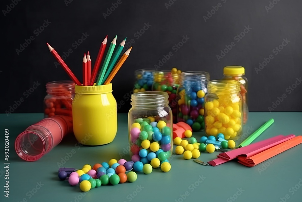 Poster a group of jars filled with different colored candies next to a pair of scissors and a pair of penci