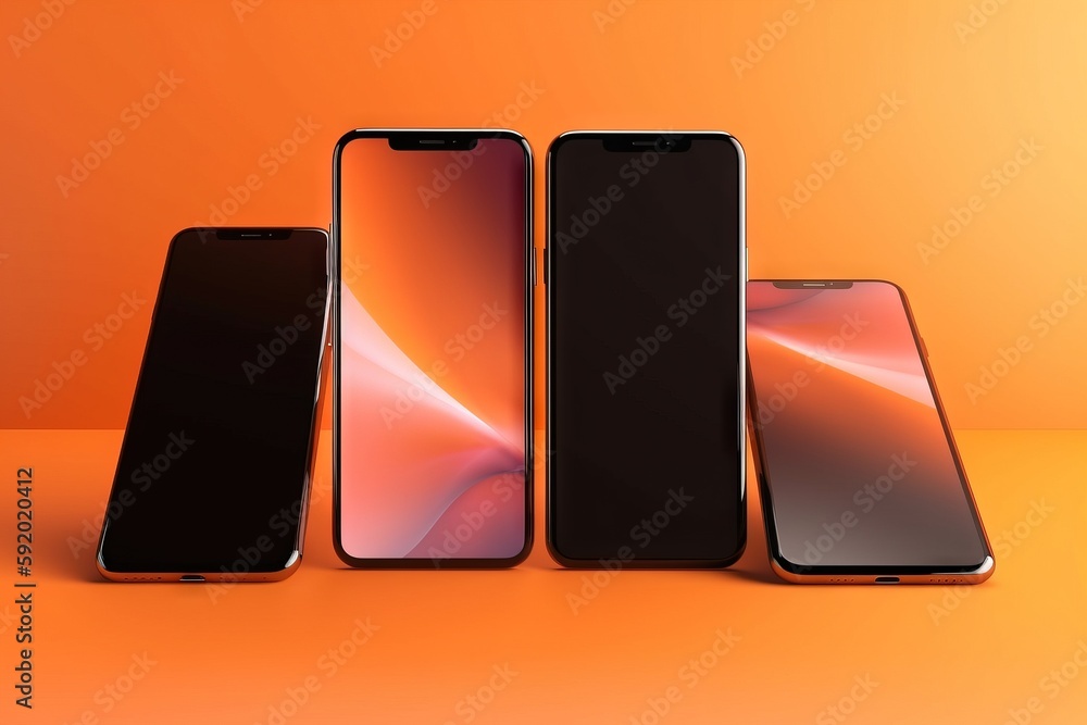 Poster three iphones sitting next to each other on an orange background with a yellow background and a blac