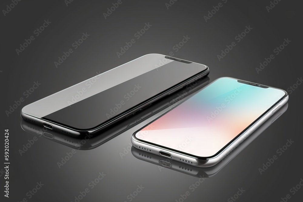 Poster a phone with a glass screen next to it on a black background with a reflection of the phone in the s