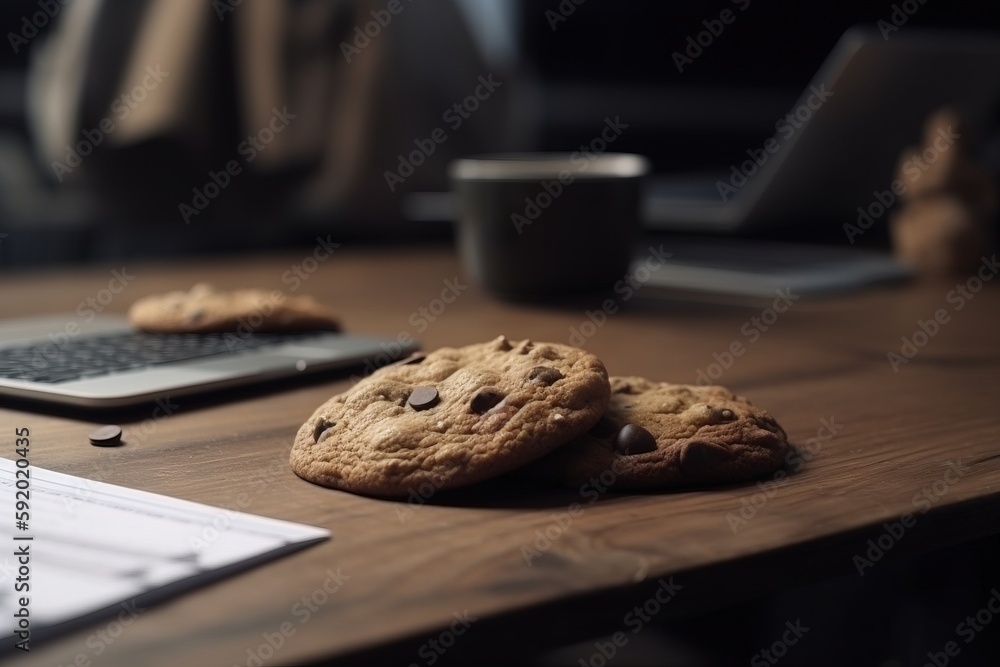 Poster two cookies and a laptop on a desk with a cup of coffee and a pen and paper on the desk next to it i