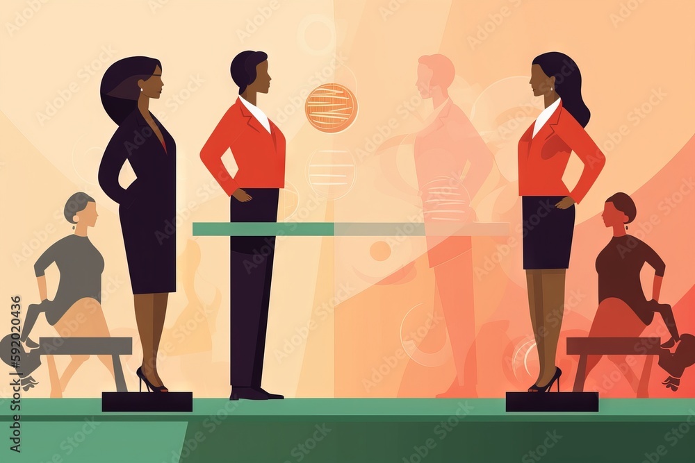 Poster a group of people standing around each other in front of a table with a woman in a red jacket on it 