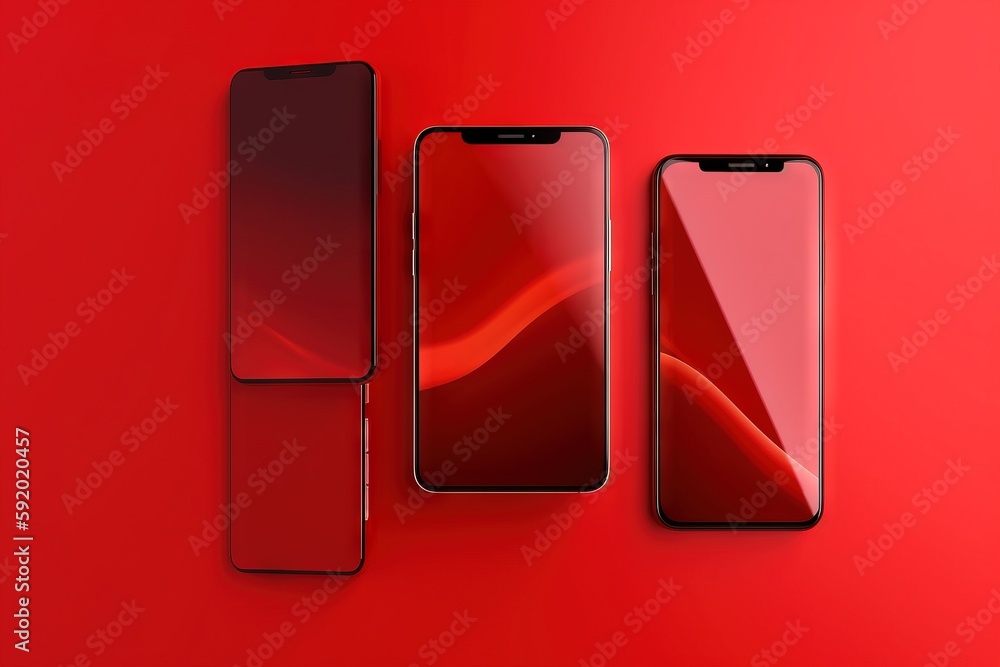 Poster three red cell phones on a red background with a red background and a red background with a red back