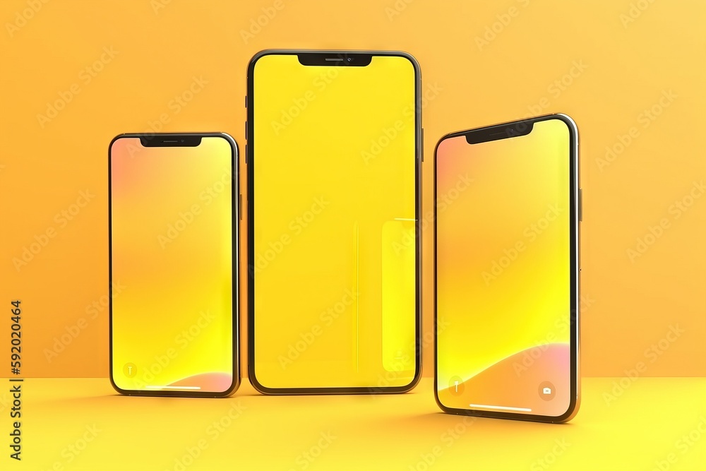Poster three iphones with a yellow background and one with a yellow background and one with a yellow backgr