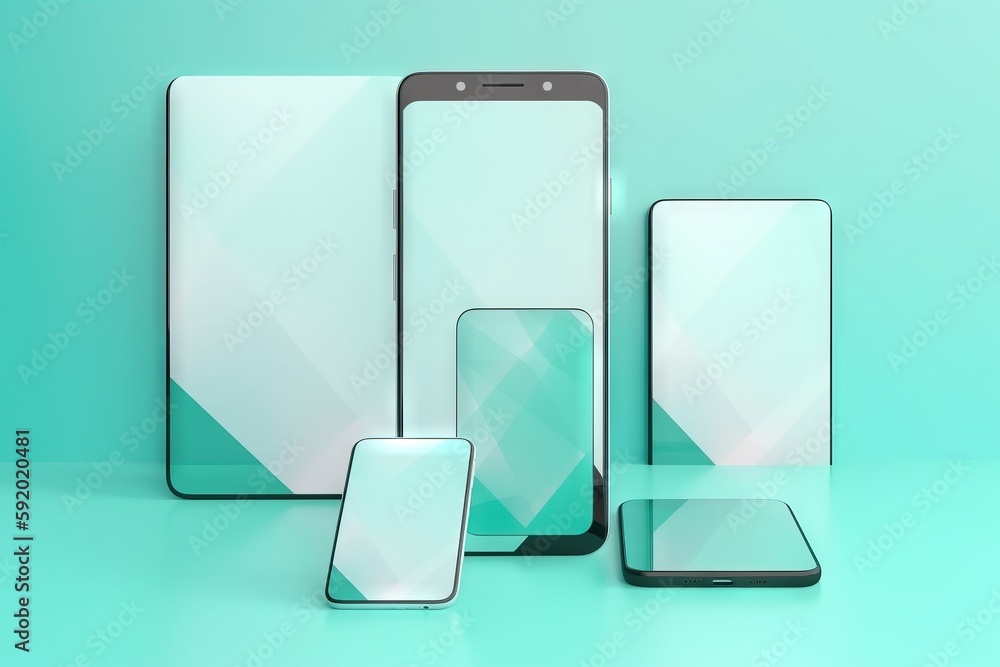 Poster a set of three cell phones and a tablet on a blue background with a green background and a light blu