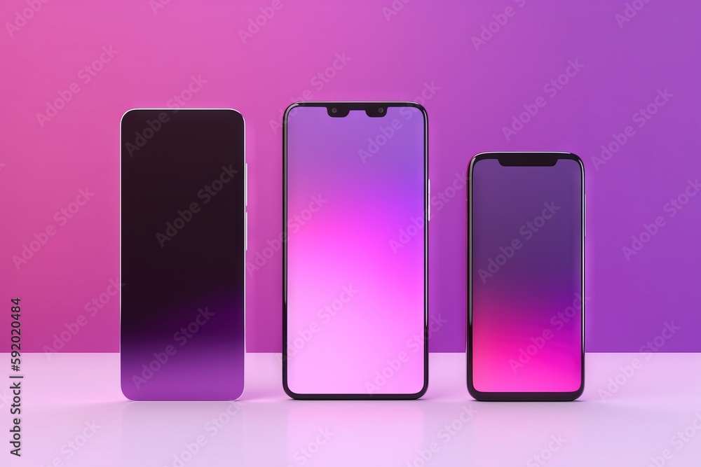 Poster three cell phones are shown in a row on a pink and purple background, with the same one in the middl