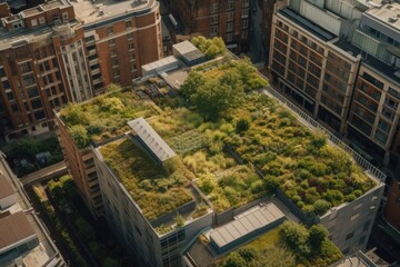 A birds eye view of a building in a city with green roof gardens.
