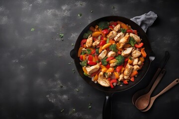  a pan filled with chicken and vegetables next to a wooden spoon and a spoon rest on the side of the pan on a black surface.  generative ai